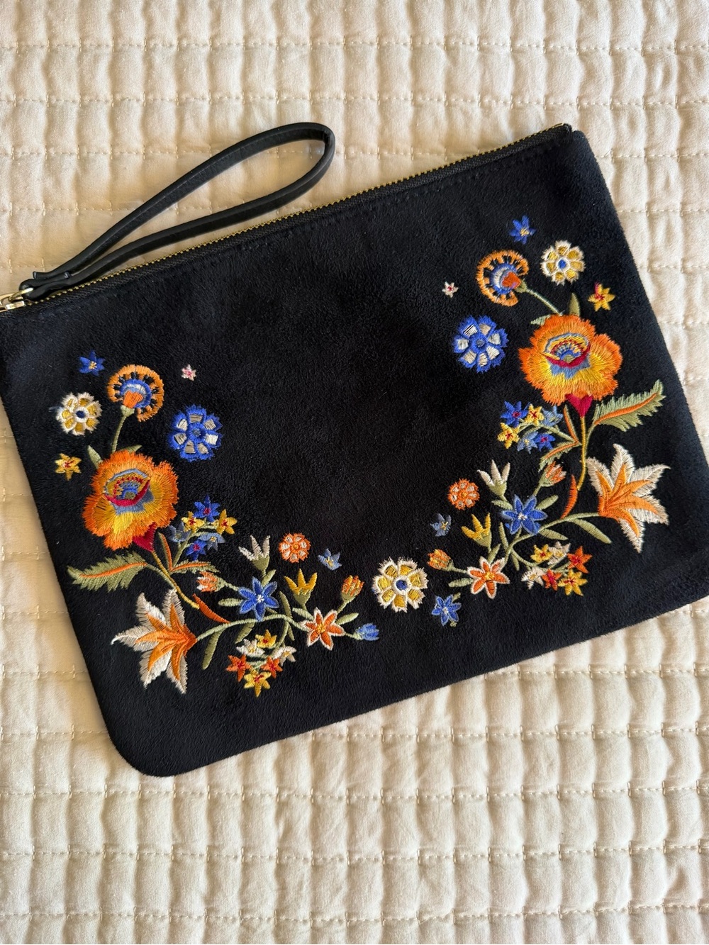 Old Navy Black Embroidered Floral Zipper Pouch Clutch Cosmetic Bag Boho Travel